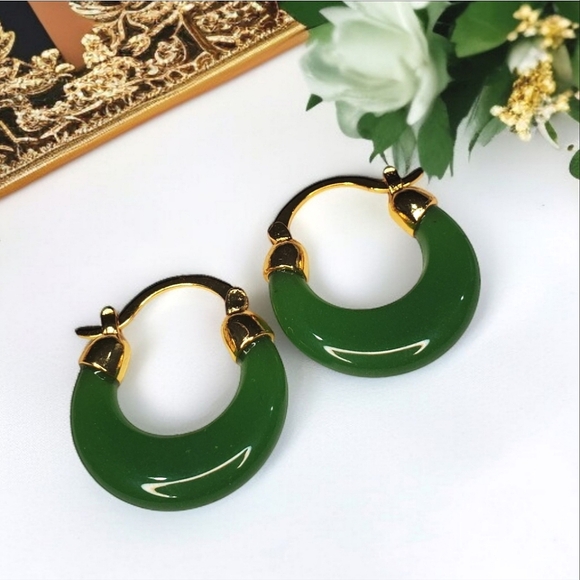18k Gold Plated Green Jasper Hoop Earrings - Picture 3 of 5